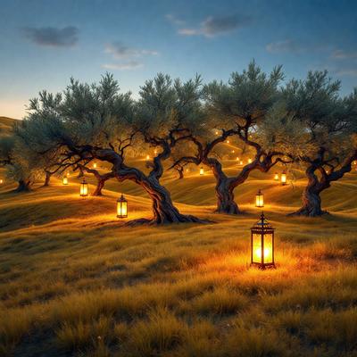 The primary subject of the image is a lamplight in a field, surrounded by trees. The setting is a grassy area with a hillside, and the visual style appears to be a photo. The dominant colors are yellow and green, creating a warm and natural atmosphere.